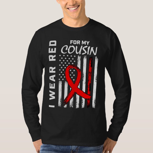 Red Ribbon Cousin Heart Disease Awareness American T-Shirt (Front)
