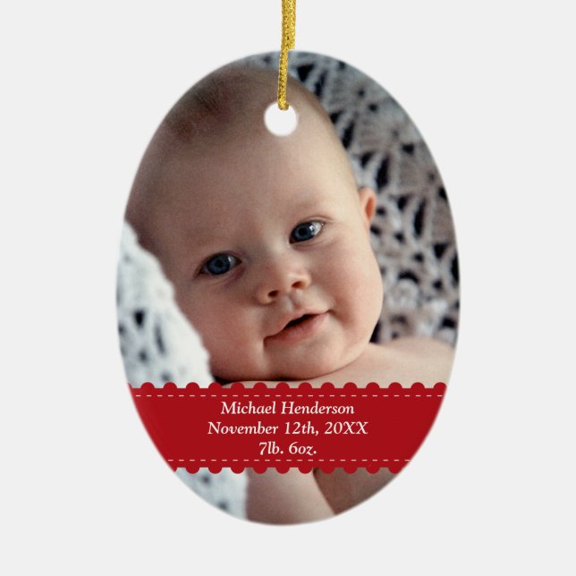 Red ribbon custom photo baby child birth statistic ceramic ornament (Front)