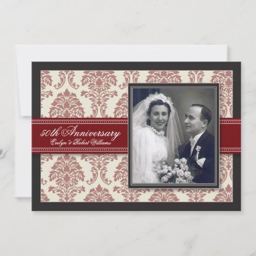 Red Ribbon Damask Anniversary Party Invitation
