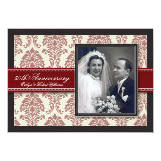 Red Ribbon Damask Anniversary Party Invitation