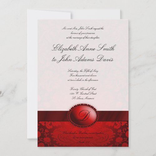 Red Ribbon Damask Wedding Invitation