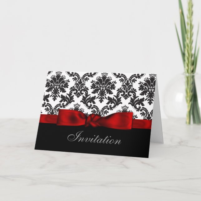 red ribbon damask wedding Invitations (Front)