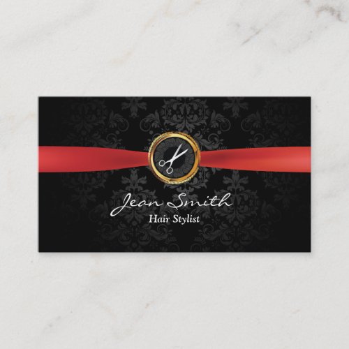 Red Ribbon Dark Damask Hair Stylist Business Card