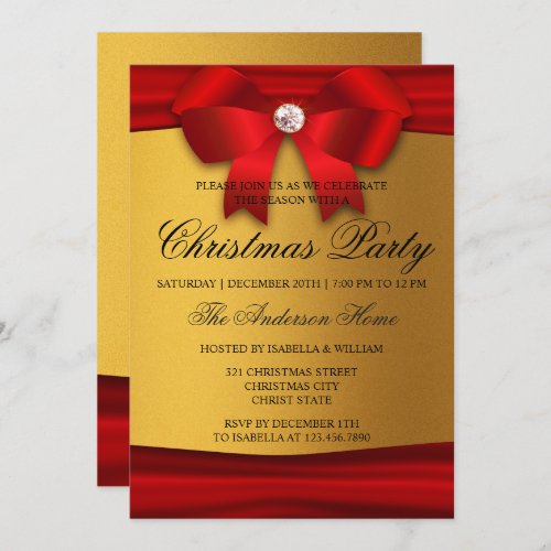 Red Ribbon Diamond  Gold Glitter Christmas Party Invitation
