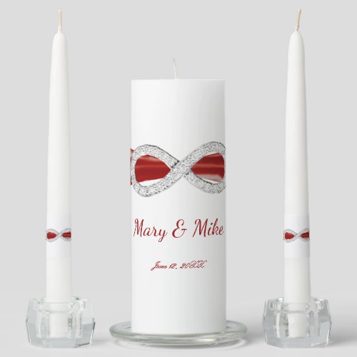 Red Ribbon Diamond Infinity Wedding Unity Candle Set