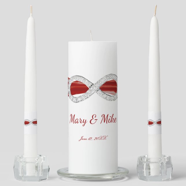 Red Ribbon Diamond Infinity Wedding Unity Candle Set (Front)