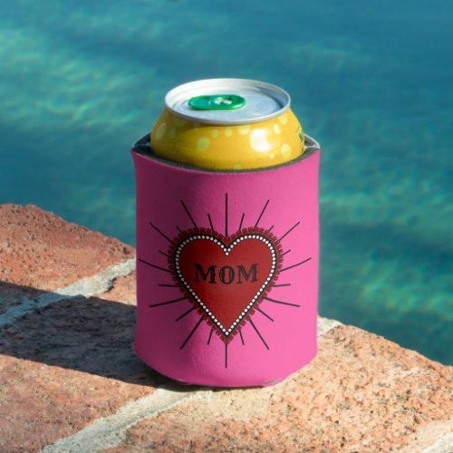 Red Ribbon Edge Heart Mom Tattoo Can Cooler