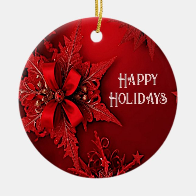 Red Ribbon Floral Holiday Christmas Ornament (Front)