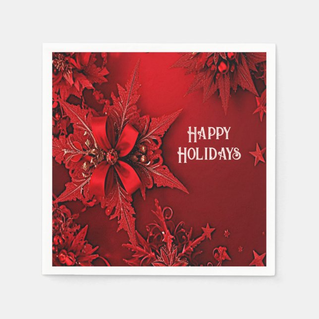 Red Ribbon Floral Holiday Christmas Paper Napkins (Front)