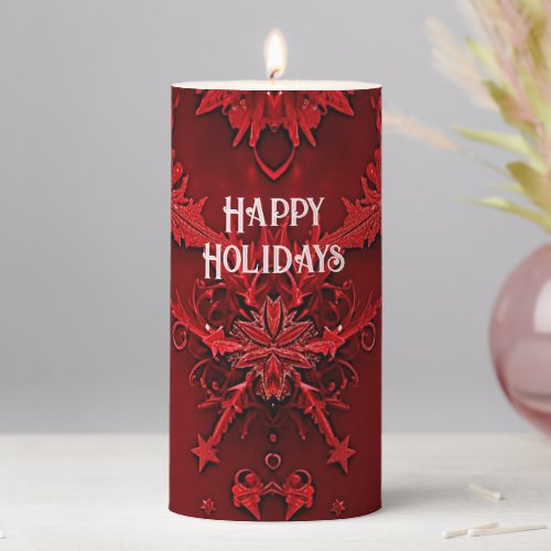 Red Ribbon Floral Holiday Christmas Pillar Pillar Candle