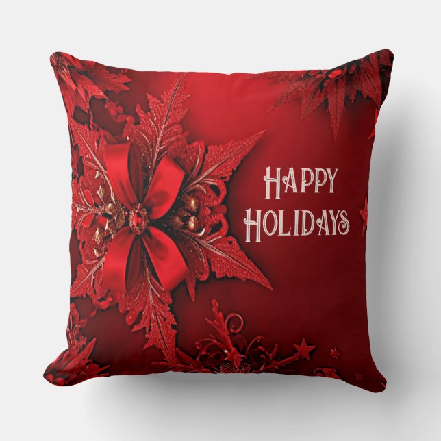 Red Ribbon Floral Holiday Christmas Throw Pillow (Front)