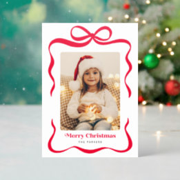 Red Ribbon Gift Bow Merry Christmas Photo Letterpress Photo Cards