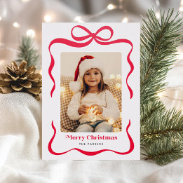 Red Ribbon Gift Bow Merry Christmas Photo Letterpress Photo Cards
