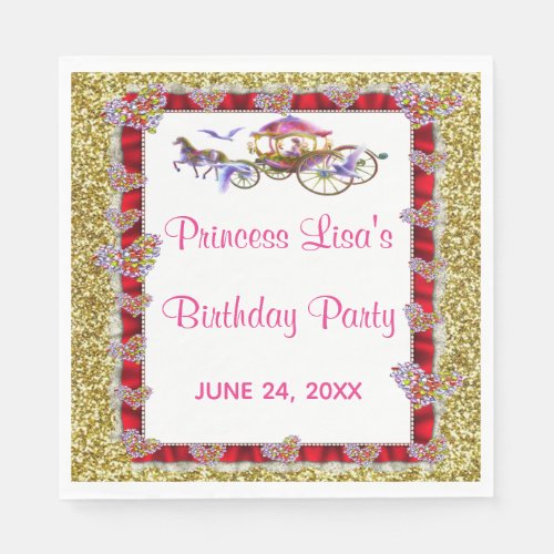 Red Ribbon Gold Glitter Royal Princess Birthday Napkins