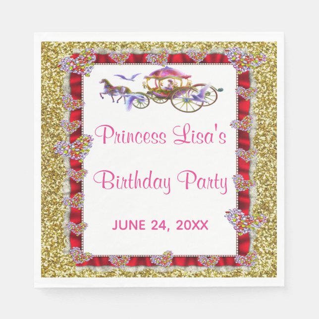 Red Ribbon Gold Glitter Royal Princess Birthday Napkins (Front)