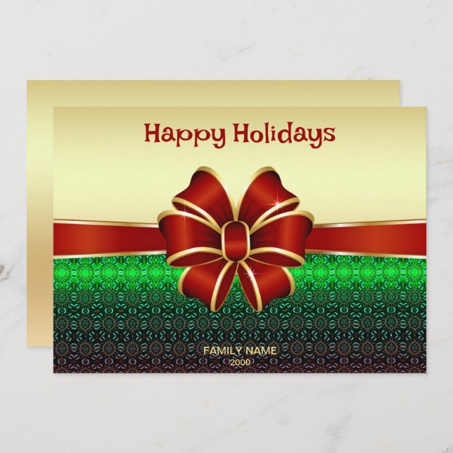 Red Ribbon Gold Holiday Christmas Card (Front/Back)