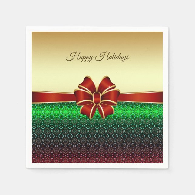 Red Ribbon Gold Holiday Paper Napkin (Front)