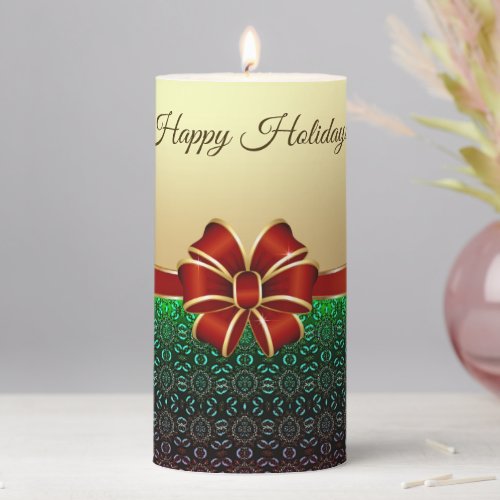 Red Ribbon Gold Holiday Pillar Candle