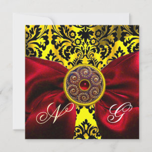 RED RIBBON GOLD YELLOW BLACK DAMASK MONOGRAM INVITATION