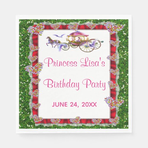 Red Ribbon Green Glitter Royal Princess Birthday Napkins