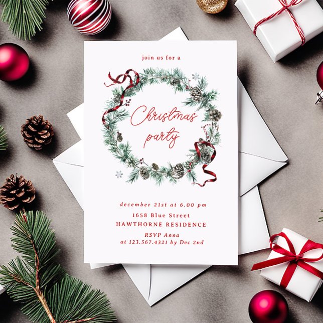 Red Ribbon Greenery Wreath Christmas Party Invitation (Creator Uploaded)