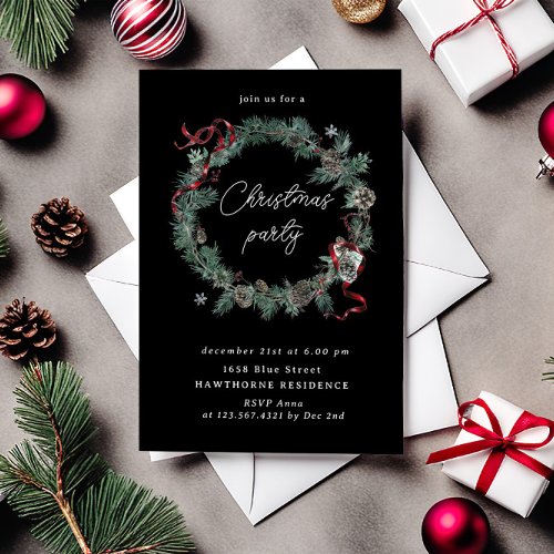 Red Ribbon Greenery Wreath Christmas Party Invitation