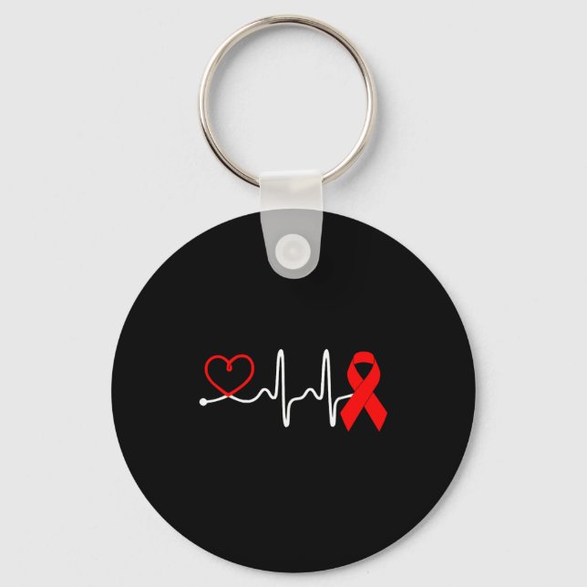 Red Ribbon Heartbeat Design For Heart Disease Awar Keychain (Front)