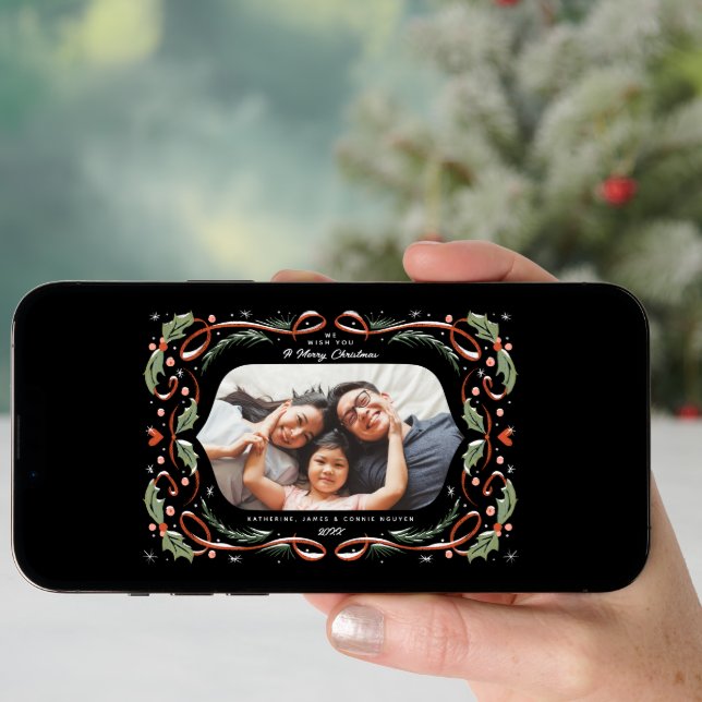 Red Ribbon Hearts Holly and Pine Photo Holiday Card (Front Digital)