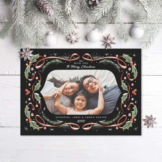 Red Ribbon Hearts Holly and Pine Photo Holiday Card (Creator Uploaded)