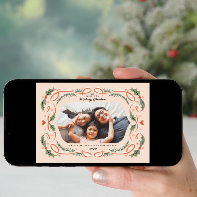 Red Ribbon Hearts Holly and Pine Photo Peach Holiday Card (Front Digital)