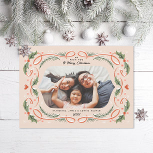Red Ribbon Hearts Holly and Pine Photo Peach Holiday Card