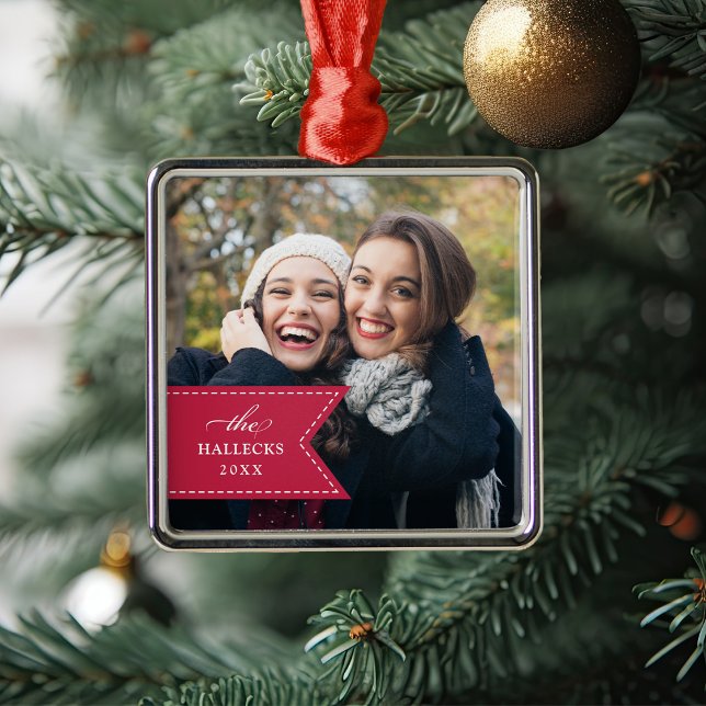 Red Ribbon | Holiday Photo Metal Ornament (Creator Uploaded)
