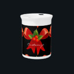Red Ribbon Holly  Thunder_Cove Pitcher<br><div class="desc">Red ribbon with holly leaves and red berries happy holiday Christmas design</div>