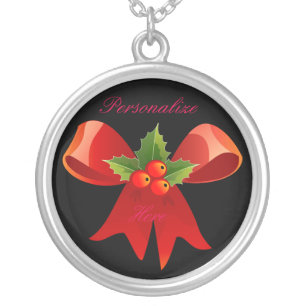 Red Ribbon Holly  Thunder_Cove Silver Plated Necklace
