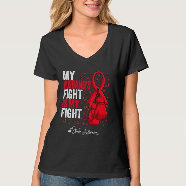 Red Ribbon Husband Stroke Awareness T-Shirt (Front)