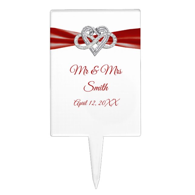 Red Ribbon Infinity Heart Wedding Cake Topper (Front)