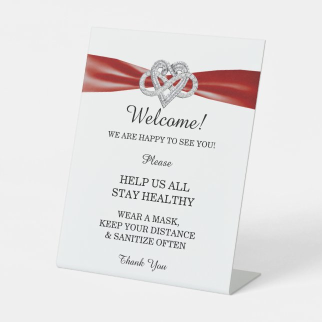Red Ribbon Infinity Heart Wedding Safety  Pedestal Sign (Front)