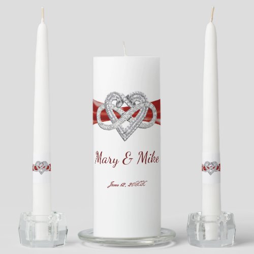 Red Ribbon Infinity Heart Wedding Unity Candle Set