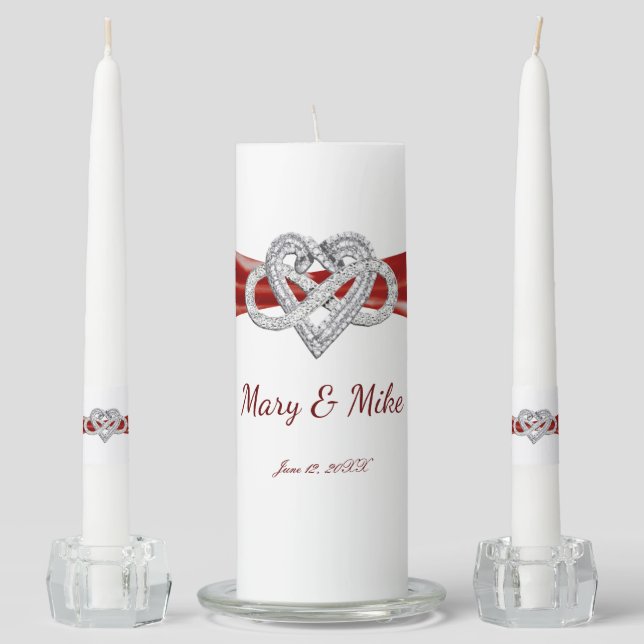 Red Ribbon Infinity Heart Wedding Unity Candle Set (Front)