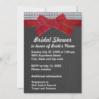 Red Ribbon, Lace, Gray Burlap Bridal Shower Invite