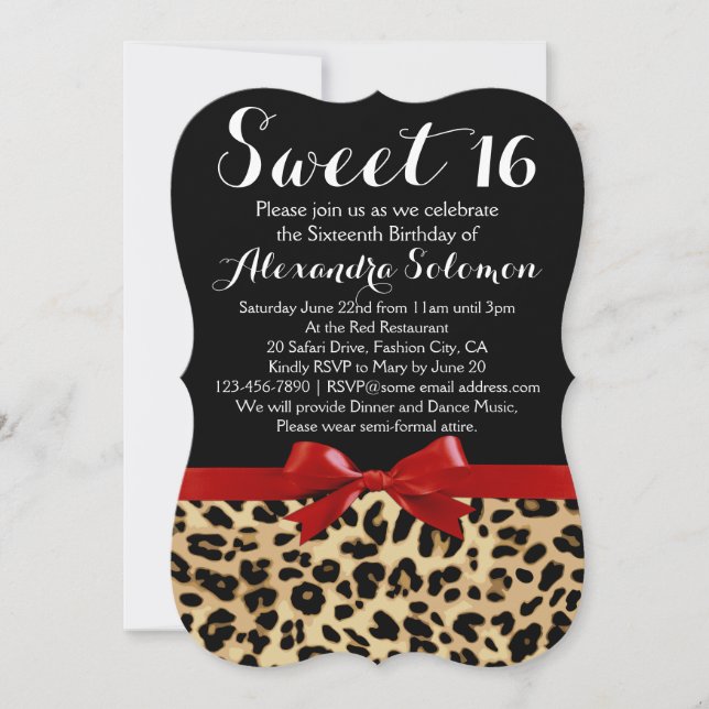 Red Ribbon Leopard Print Bow Sweet 16th Birthday Invitation (Front)
