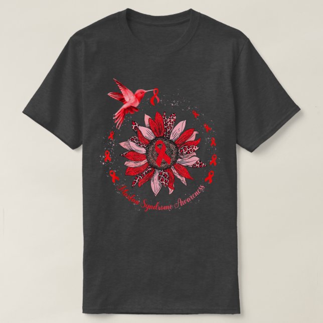 Red Ribbon Leopard Sunflower Marfan Syndrome Aware T-Shirt (Design Front)