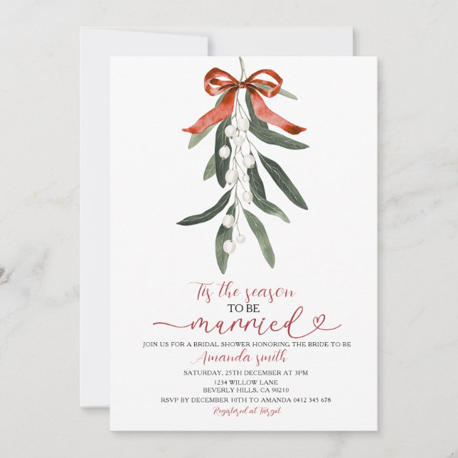 Red Ribbon Mistletoe Christmas Bridal Shower Invitation (Front)