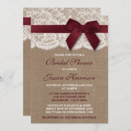 Red Ribbon On Burlap & Lace Bridal Shower Invitation