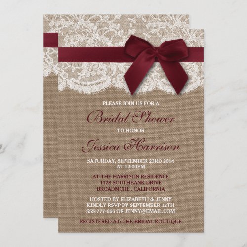 Red Ribbon On Burlap  Lace Bridal Shower Invitation