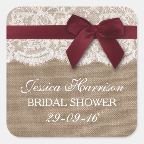 Red Ribbon On Burlap  Lace Bridal Shower Square Sticker