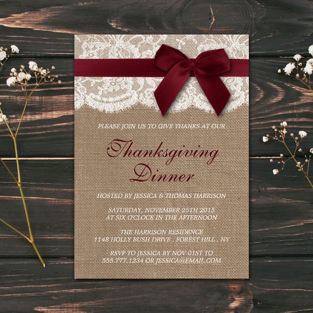 Red Ribbon On Burlap & Lace Thanksgiving Dinner Invitation (Creator Uploaded)