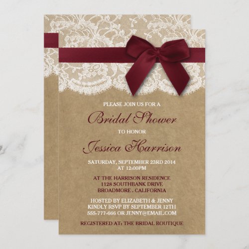 Red Ribbon On Kraft  Lace Bridal Shower Invitation