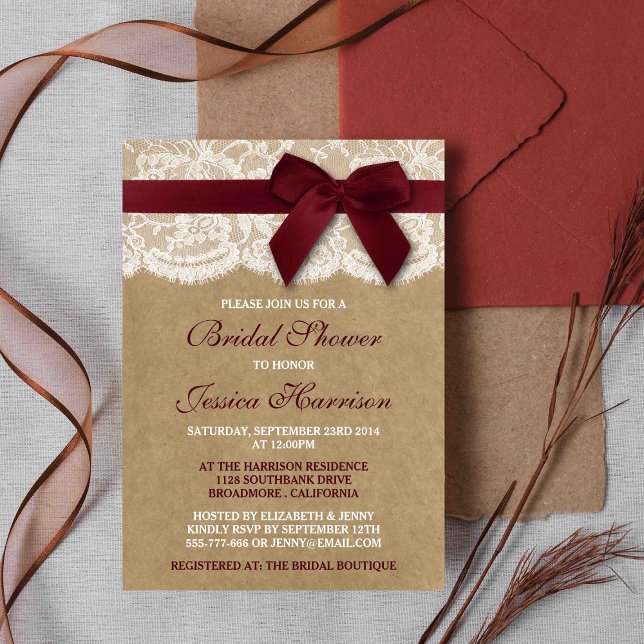Red Ribbon On Kraft & Lace Bridal Shower Invitation (Creator Uploaded)