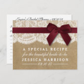 Red Ribbon On Kraft & Lace Bridal Shower Recipe Invitation Postcard (Front/Back)